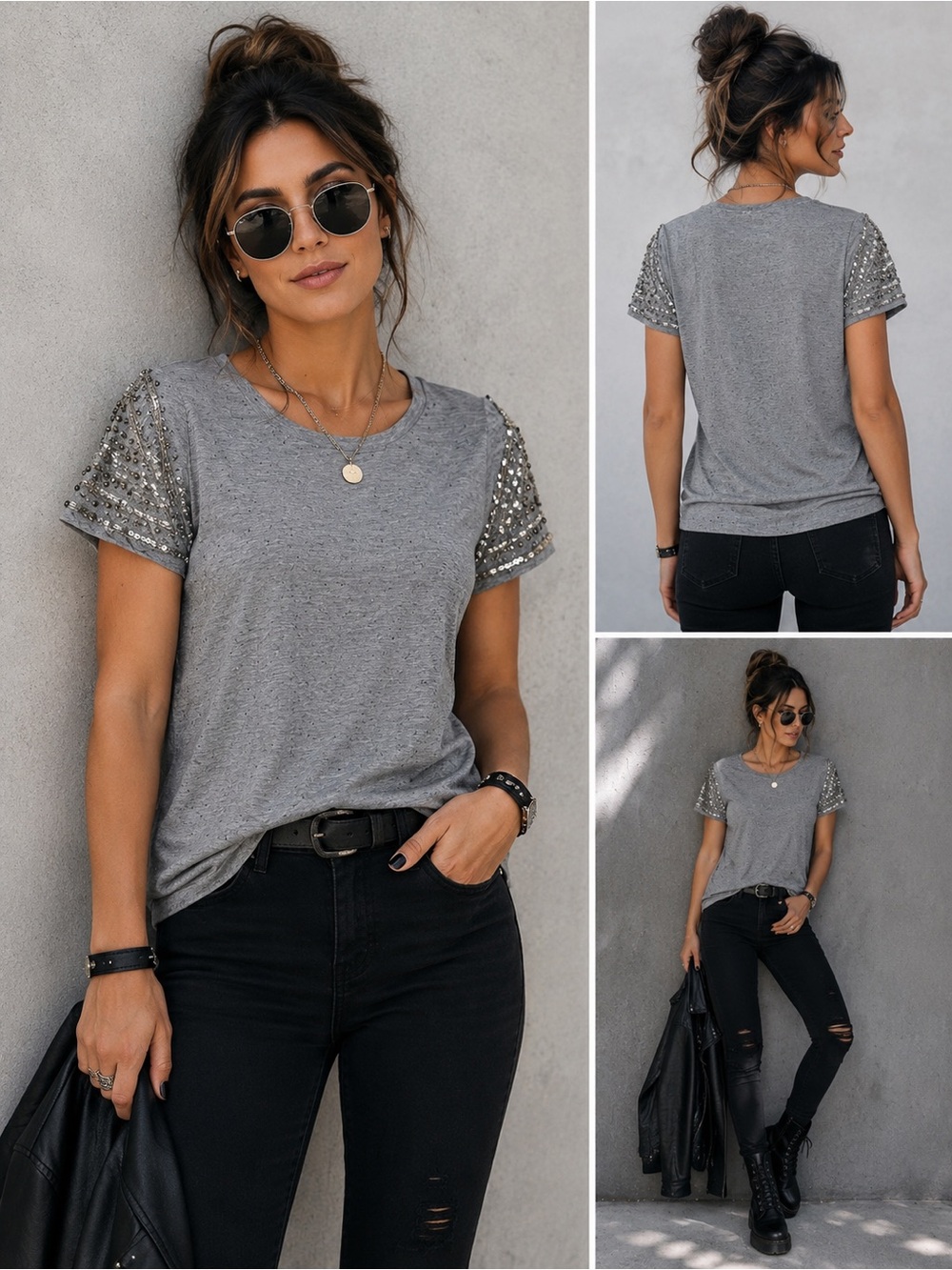 BKE Grey Tee with Sequin Short Sleeves